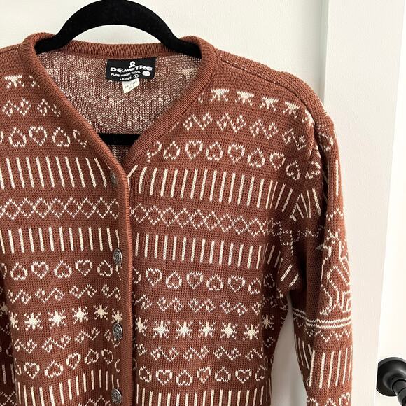 Vintage Demetre Pure Virgin Wool Brown Heart Stitch Cardigan Sweater Size Large - Picture 2 of 8